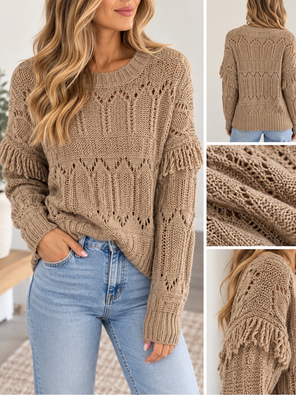 Old Navy Taupe Open-Knit Fringe Crewneck Sweater